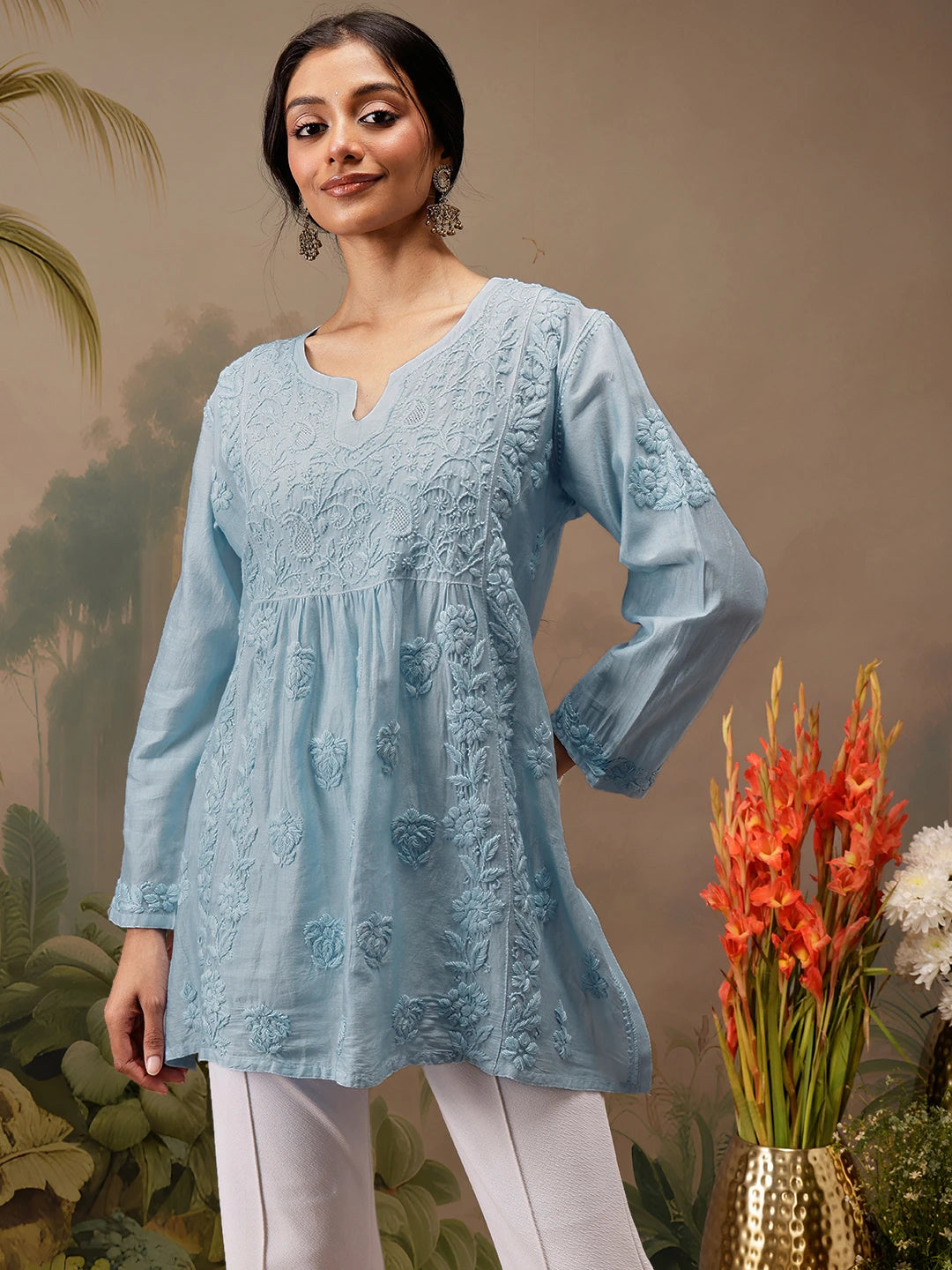 Ada Hand Embroidered Blue Chanderi Lucknowi Chikankari Short Kurti A911469