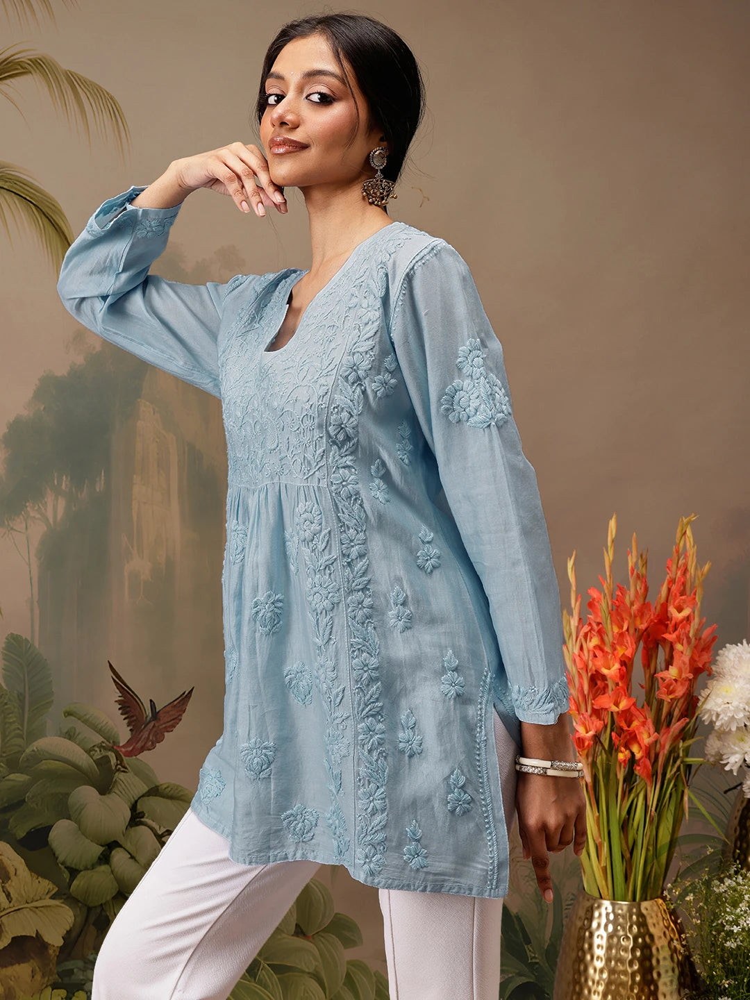 Ada Hand Embroidered Blue Chanderi Lucknowi Chikankari Short Kurti A911469