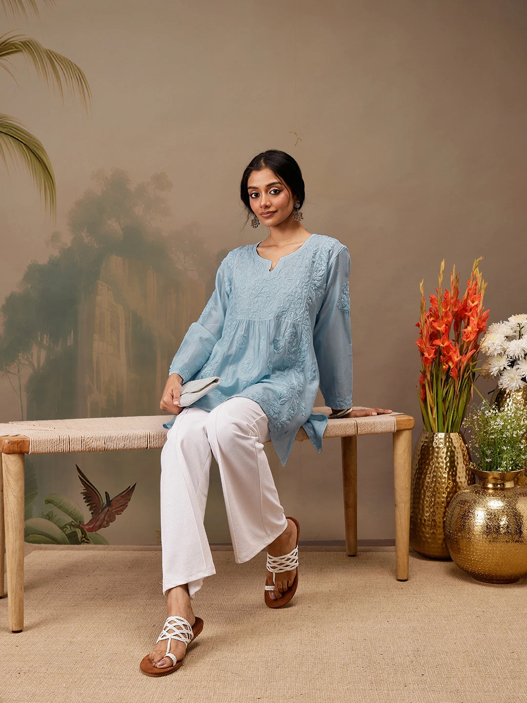 Ada Hand Embroidered Blue Chanderi Lucknowi Chikankari Short Kurti A911469
