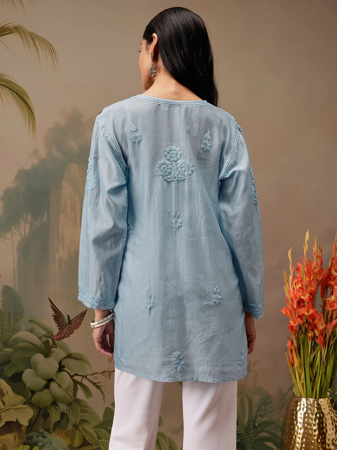 Ada Hand Embroidered Blue Chanderi Lucknowi Chikankari Short Kurti A911469