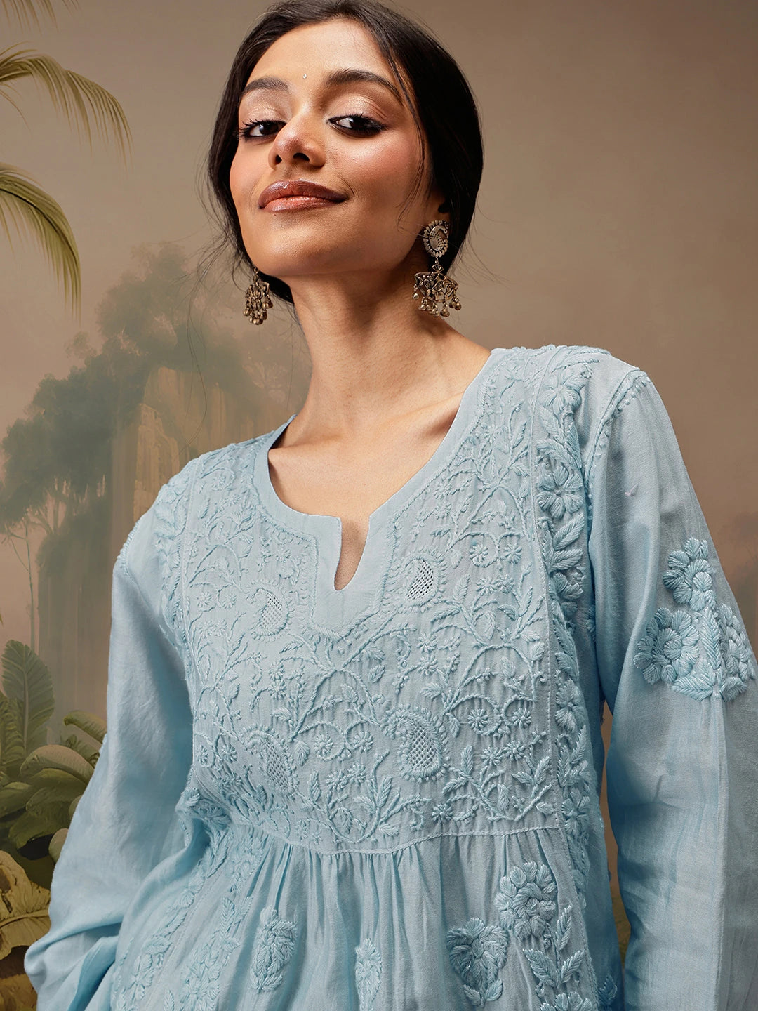 Ada Hand Embroidered Blue Chanderi Lucknowi Chikankari Short Kurti A911469