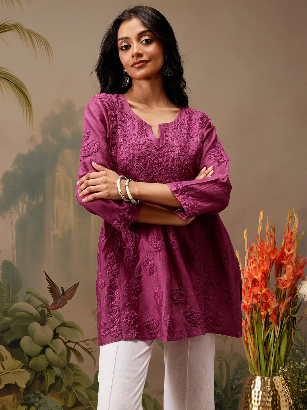 Ada Hand Embroidered Magenta Chanderi Lucknowi Chikankari Short Kurti A911470