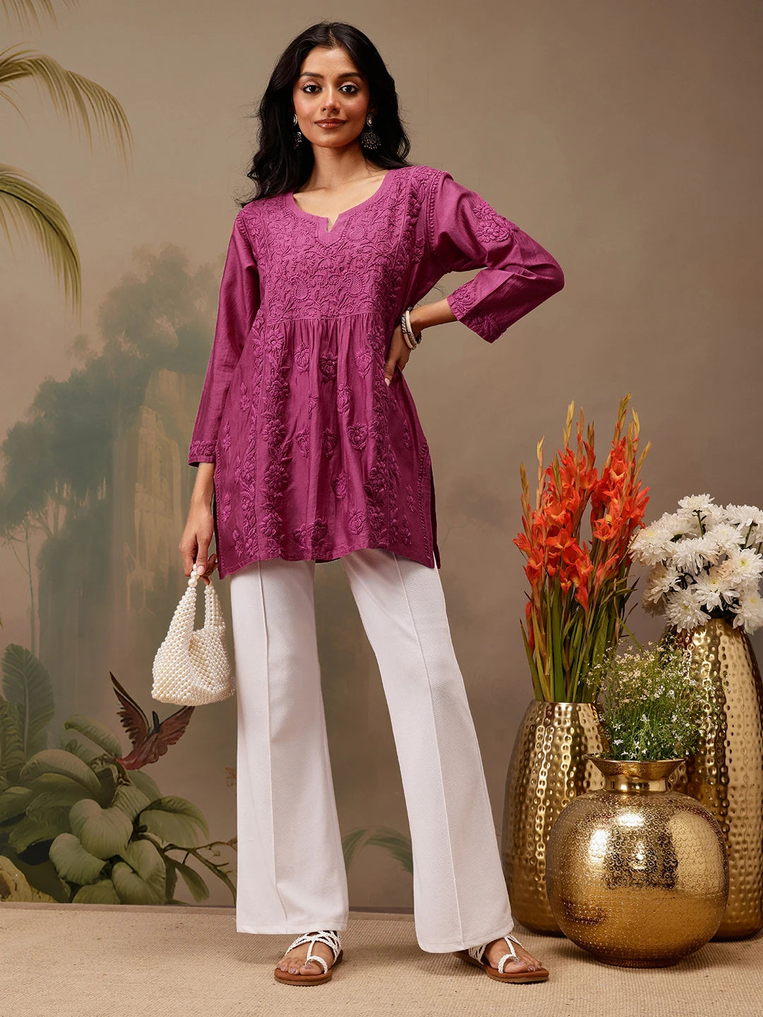 Ada Hand Embroidered Magenta Chanderi Lucknowi Chikankari Short Kurti A911470