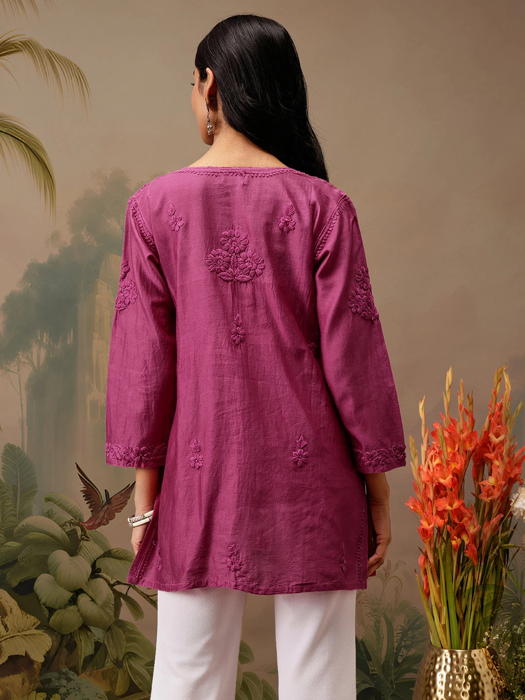 Ada Hand Embroidered Magenta Chanderi Lucknowi Chikankari Short Kurti A911470