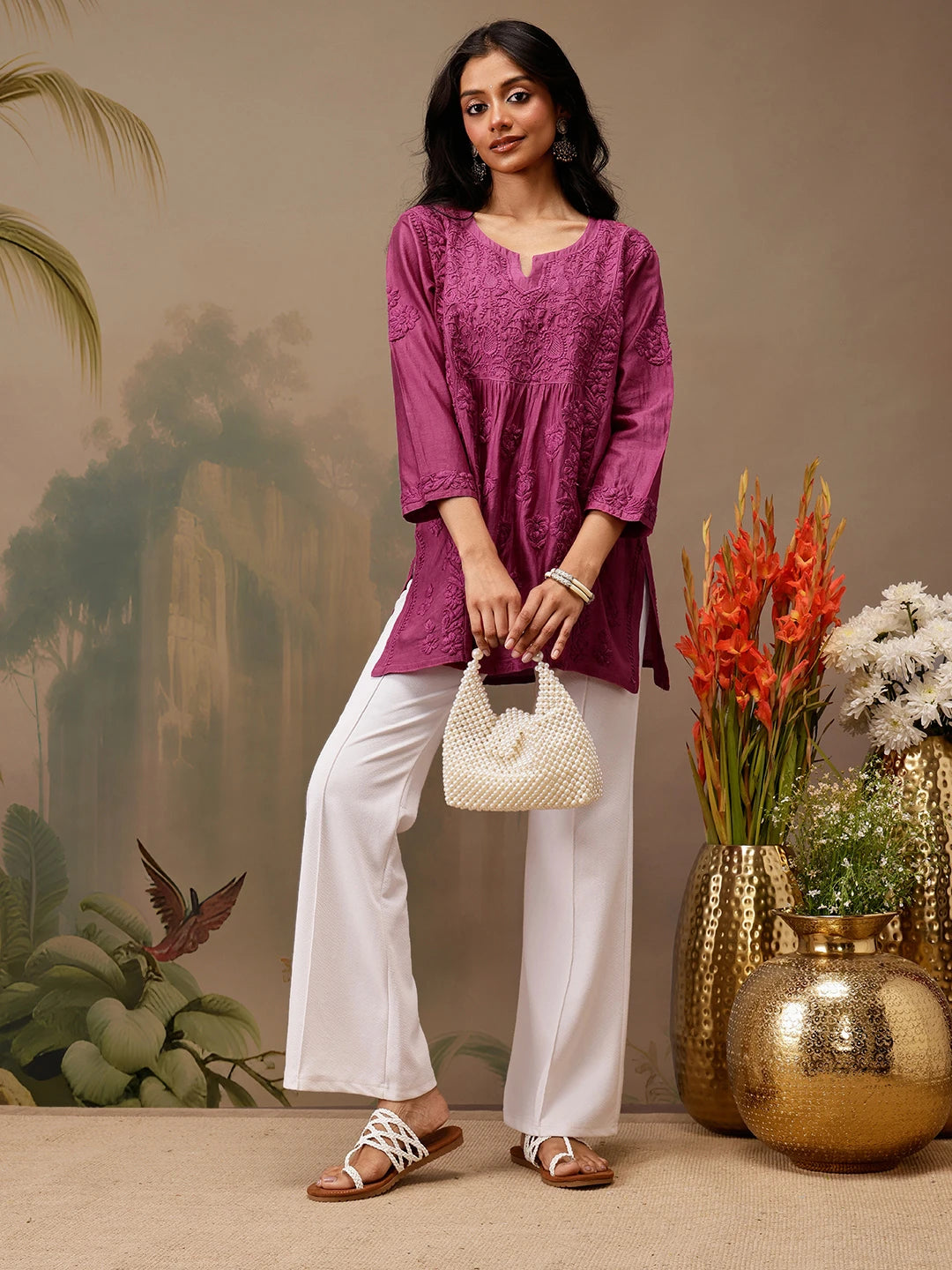 Ada Hand Embroidered Magenta Chanderi Lucknowi Chikankari Short Kurti A911470
