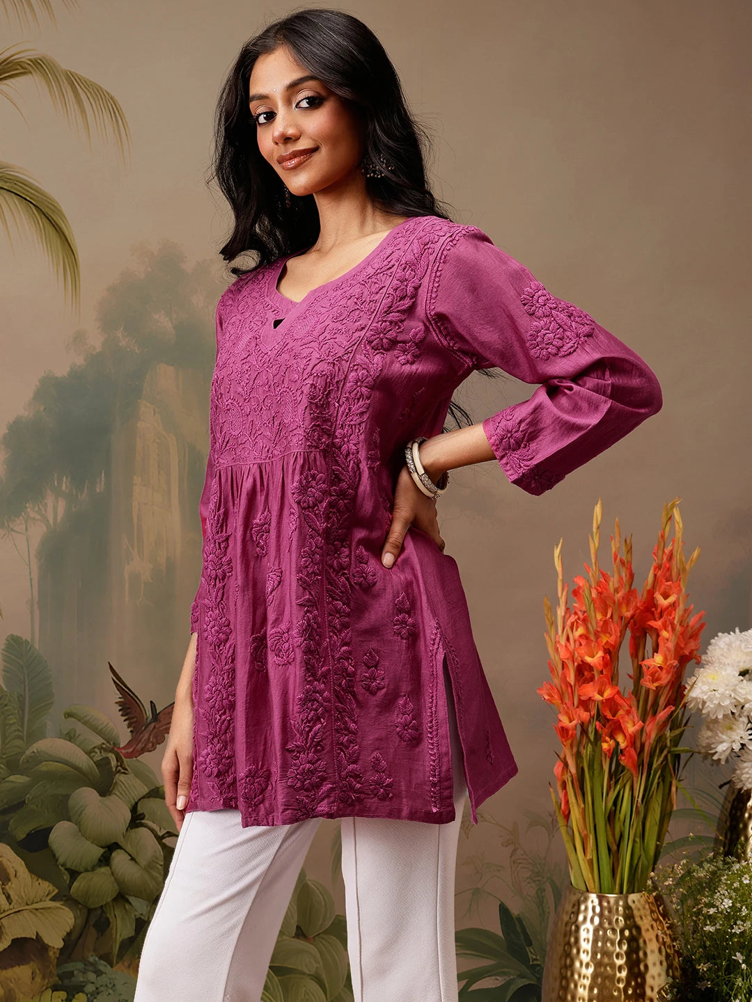Ada Hand Embroidered Magenta Chanderi Lucknowi Chikankari Short Kurti A911470