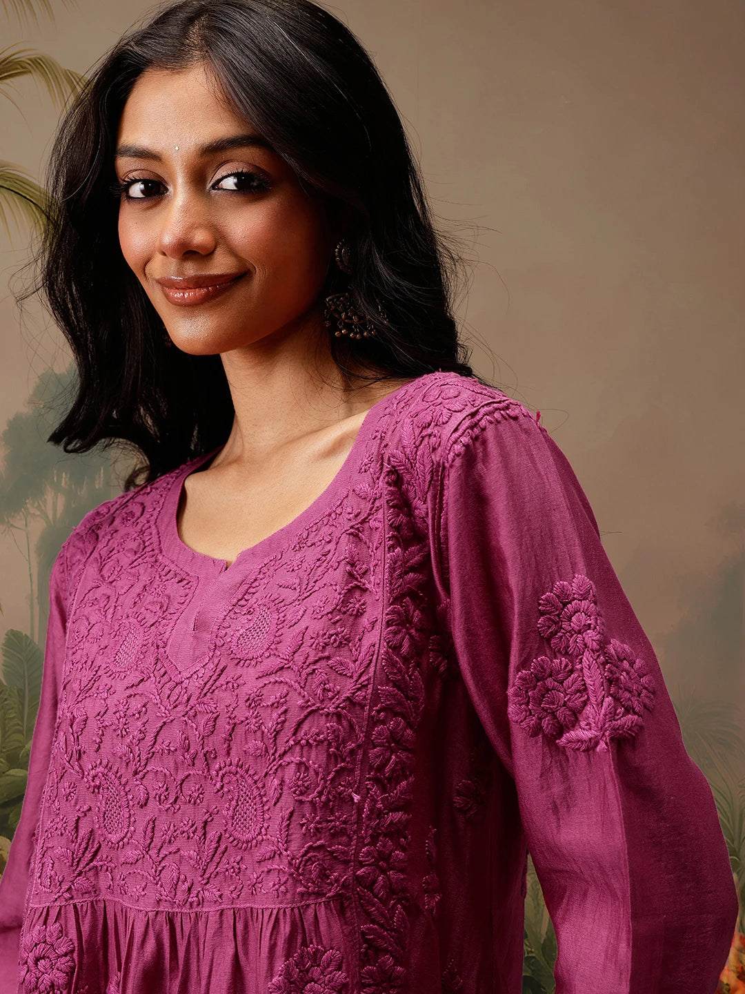 Ada Hand Embroidered Magenta Chanderi Lucknowi Chikankari Short Kurti A911470
