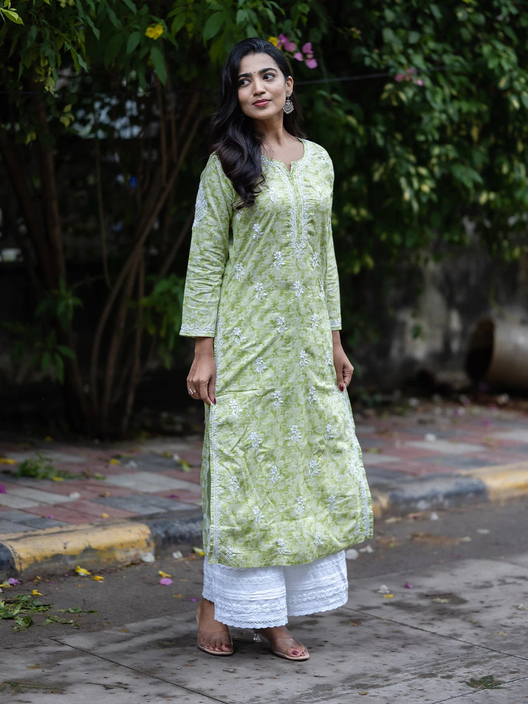 Ada Hand Embroidered Green Cotton Lucknow Chikankari Straight  Kurta A411378