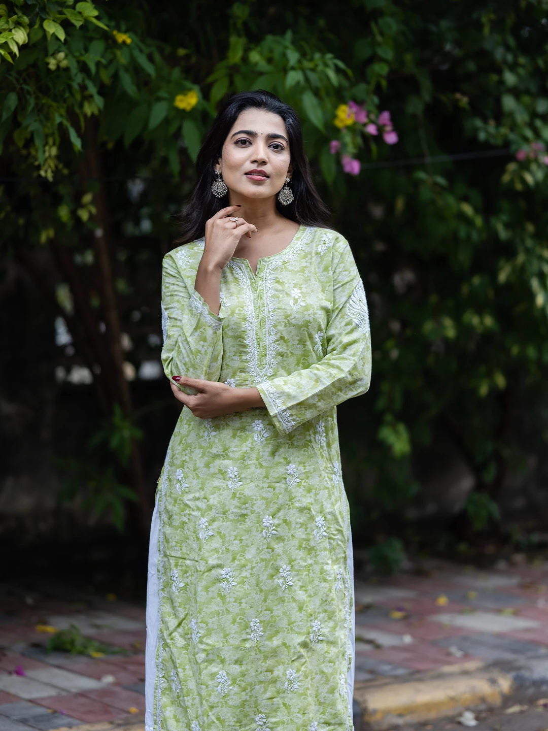 Ada Hand Embroidered Green Cotton Lucknow Chikankari Straight  Kurta A411378