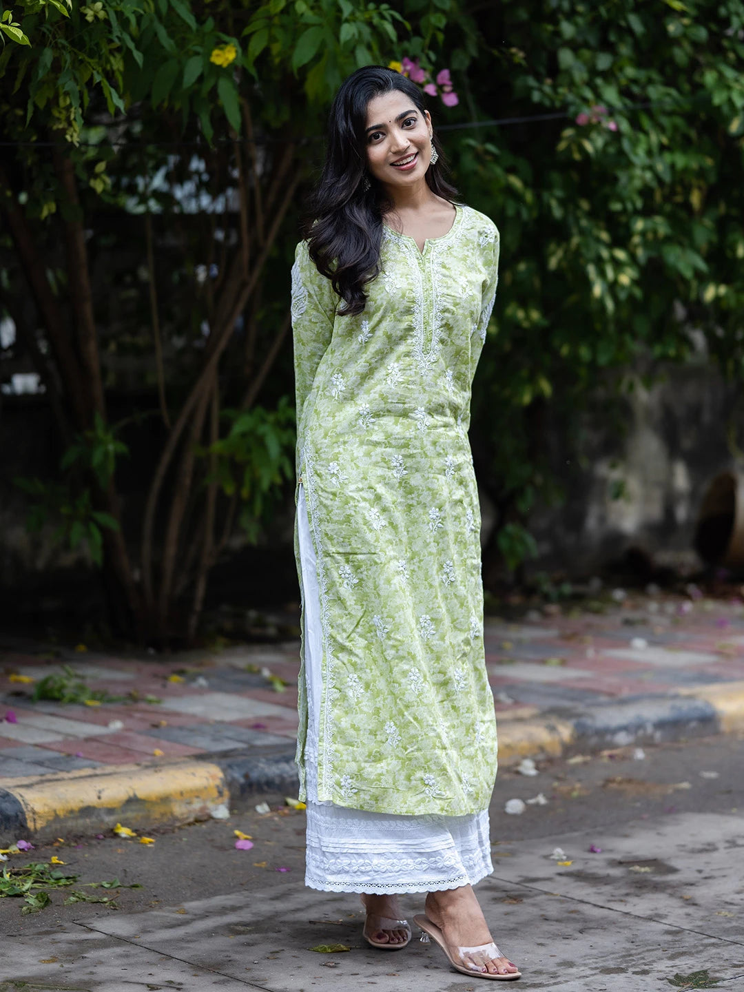 Ada Hand Embroidered Green Cotton Lucknow Chikankari Straight  Kurta A411378
