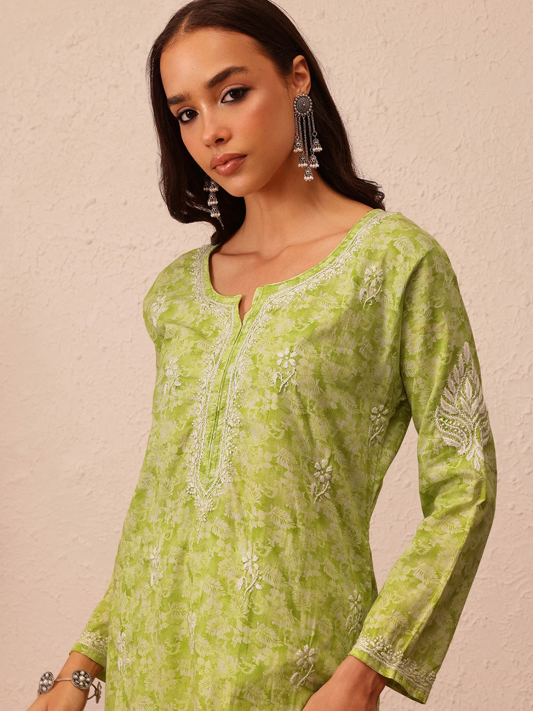 Ada Hand Embroidered Green Cotton Lucknow Chikankari Straight  Kurta A411378