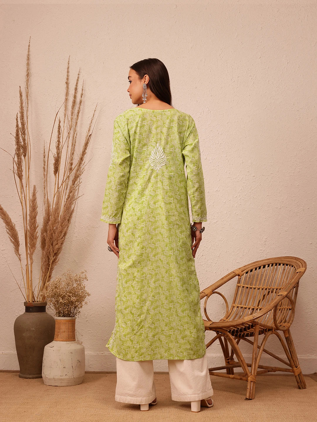 Ada Hand Embroidered Green Cotton Lucknow Chikankari Straight  Kurta A411378