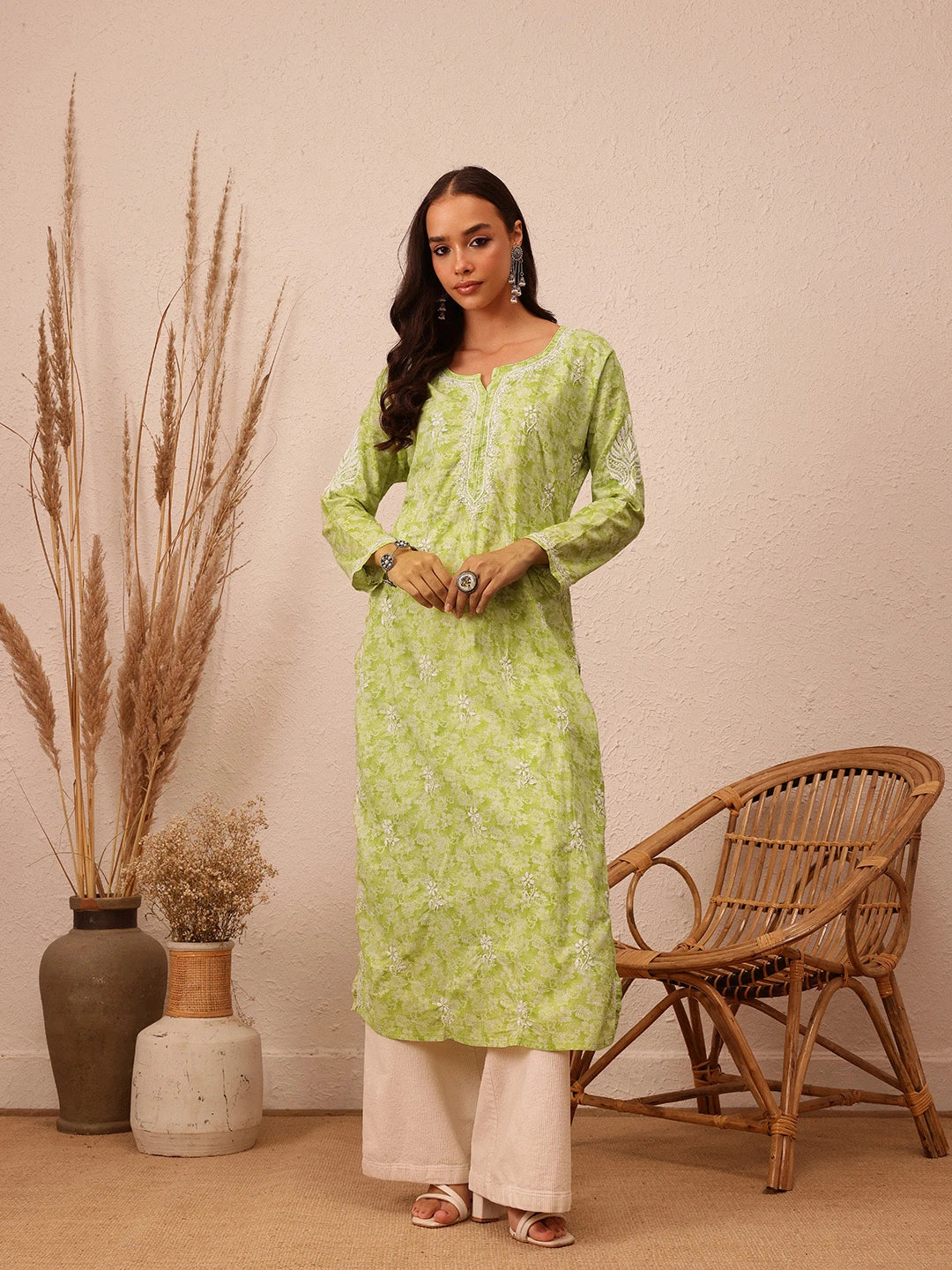 Ada Hand Embroidered Green Cotton Lucknow Chikankari Straight  Kurta A411378