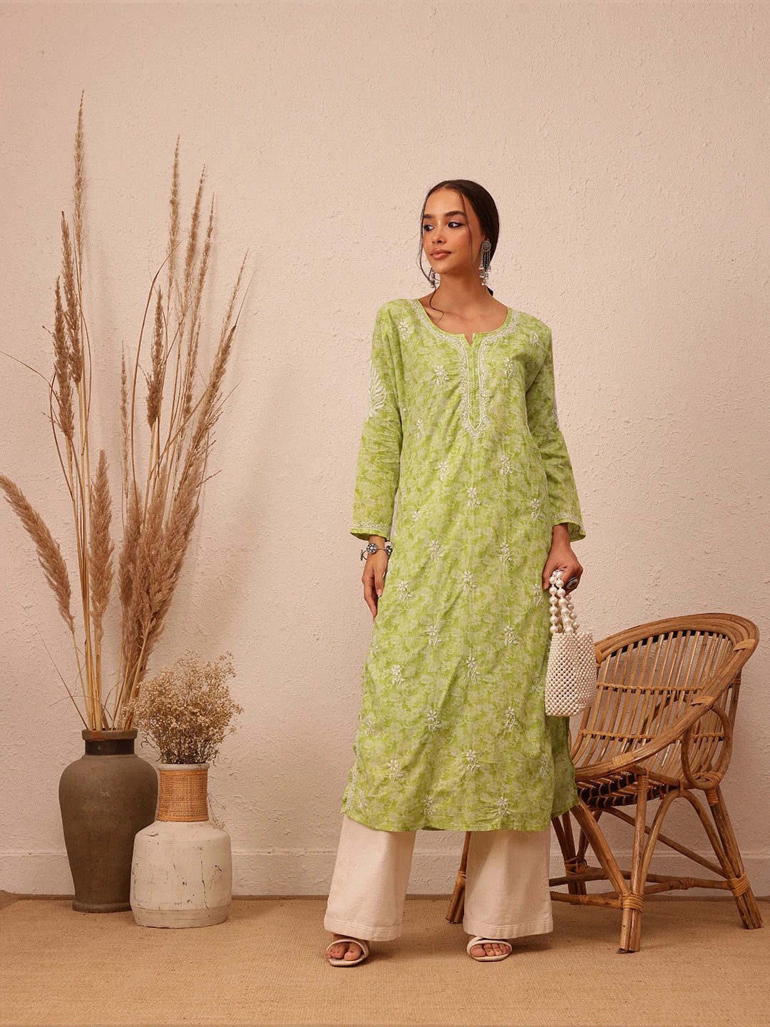 Ada Hand Embroidered Green Cotton Lucknow Chikankari Straight  Kurta A411378