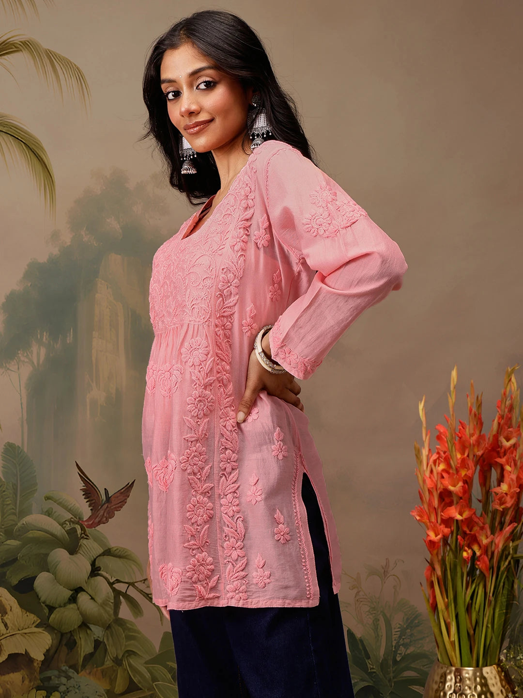 Ada Hand Embroidered Peach Chanderi Lucknowi Chikankari Short Kurti A911471