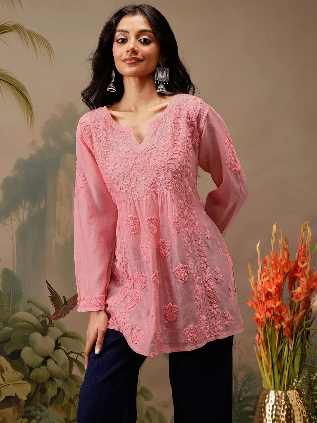 Ada Hand Embroidered Peach Chanderi Lucknowi Chikankari Short Kurti A911471