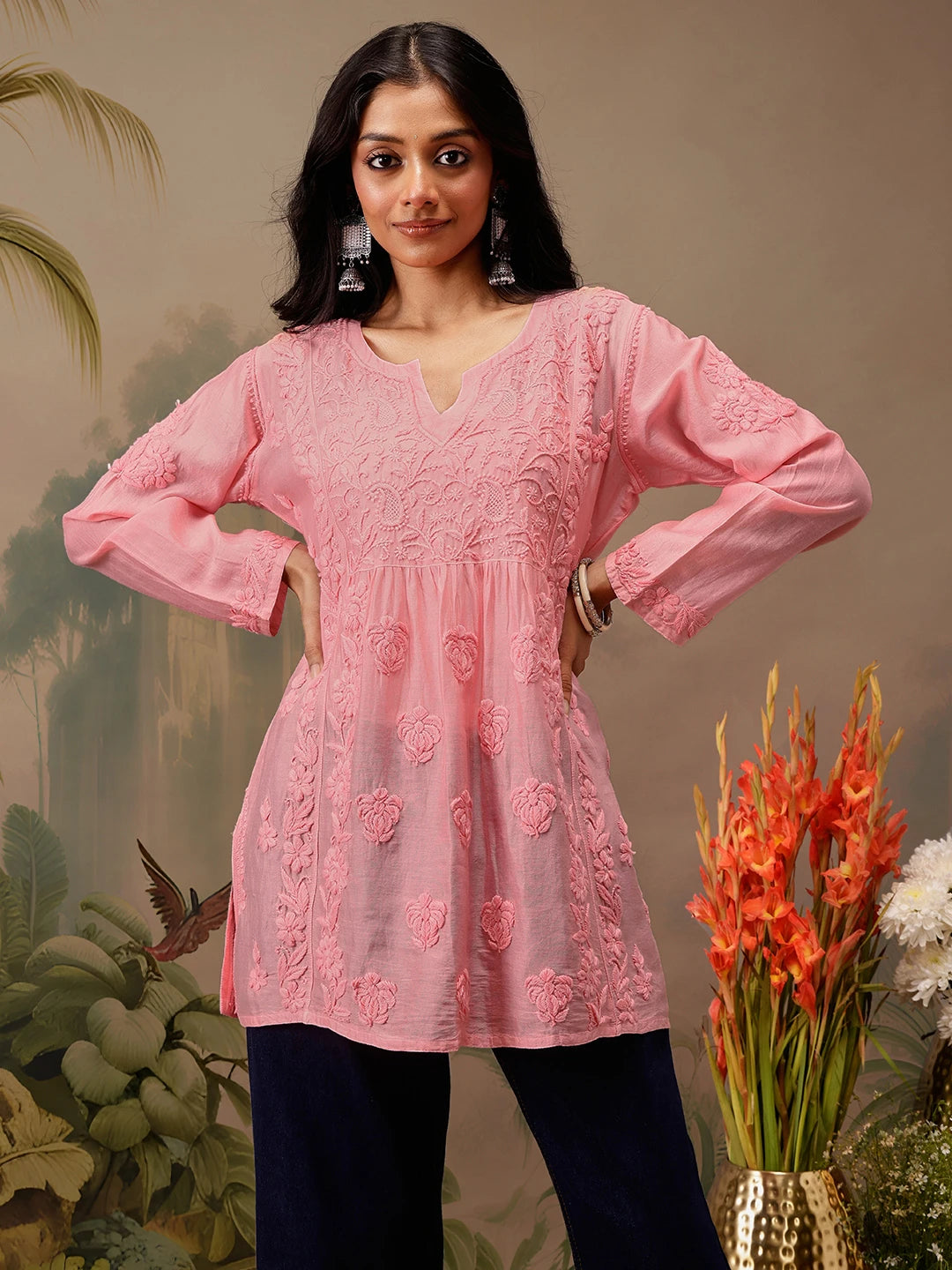 Ada Hand Embroidered Peach Chanderi Lucknowi Chikankari Short Kurti A911471