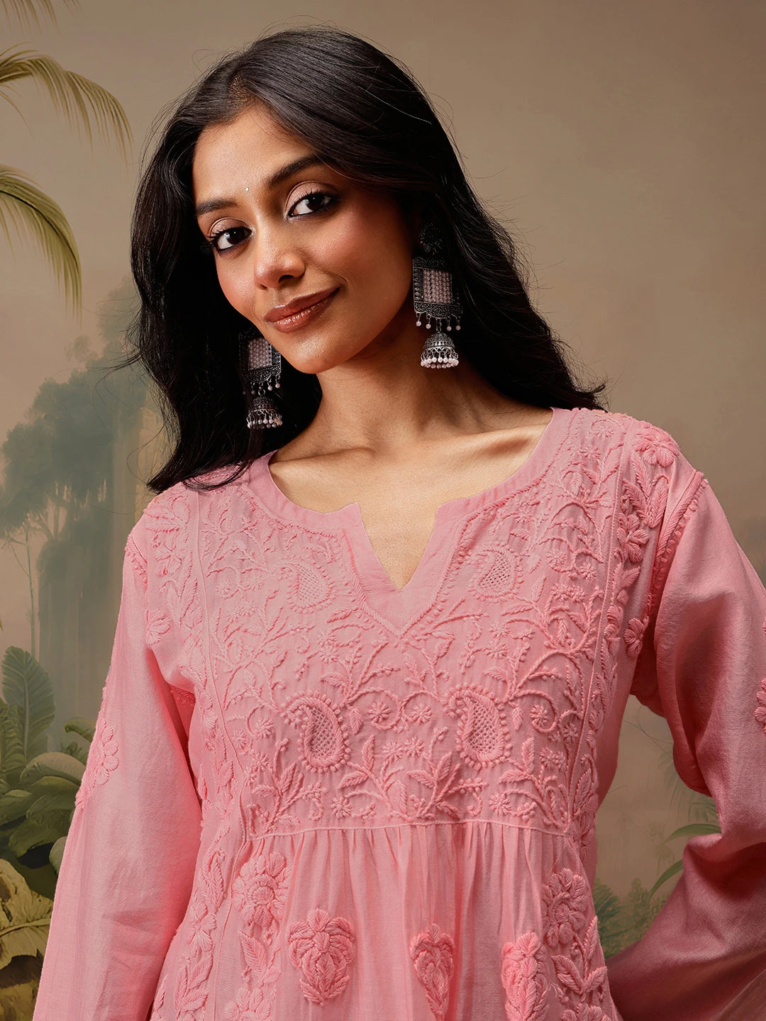 Ada Hand Embroidered Peach Chanderi Lucknowi Chikankari Short Kurti A911471
