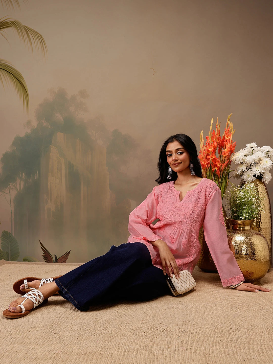 Ada Hand Embroidered Peach Chanderi Lucknowi Chikankari Short Kurti A911471