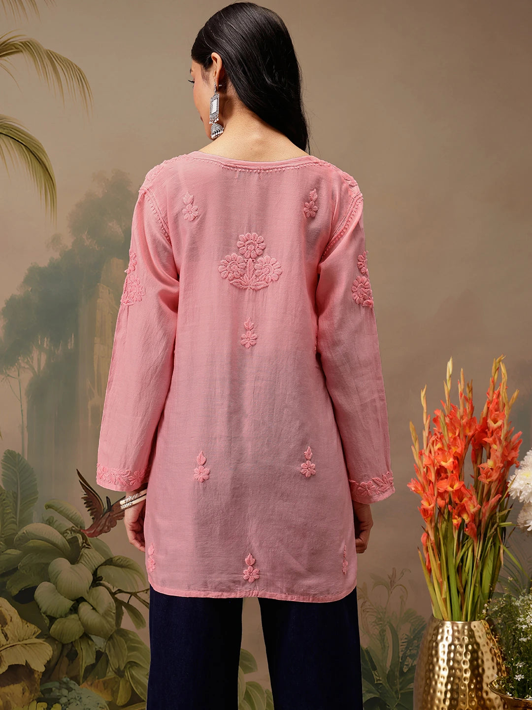 Ada Hand Embroidered Peach Chanderi Lucknowi Chikankari Short Kurti A911471