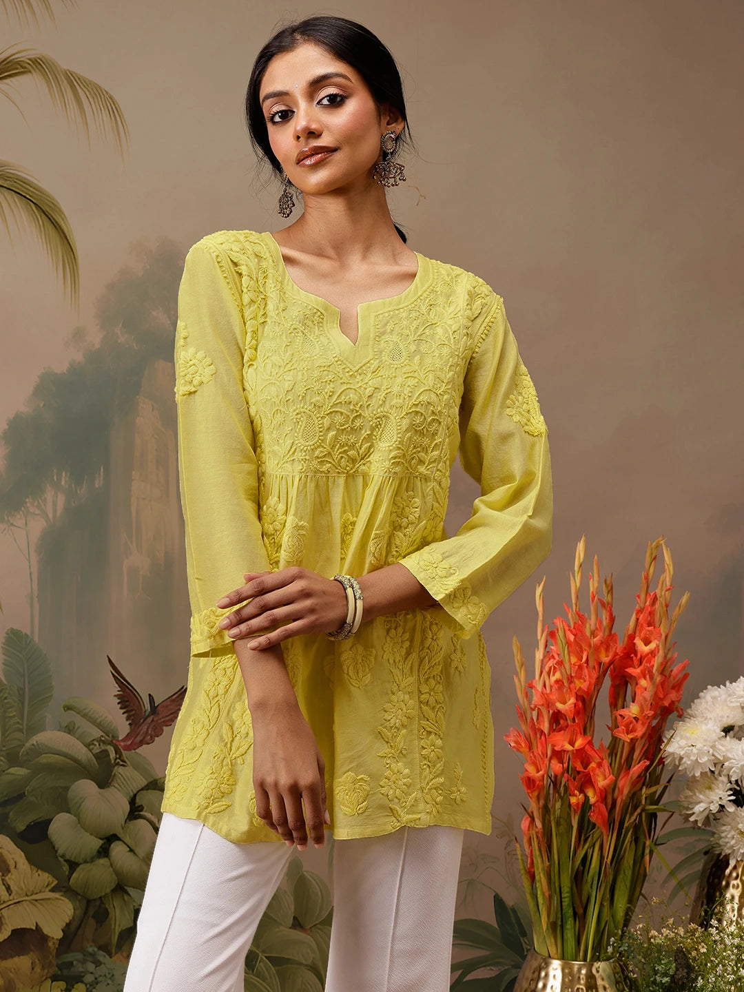 Ada Hand Embroidered Yellow Chanderi Lucknowi Chikankari Short Kurti A911472