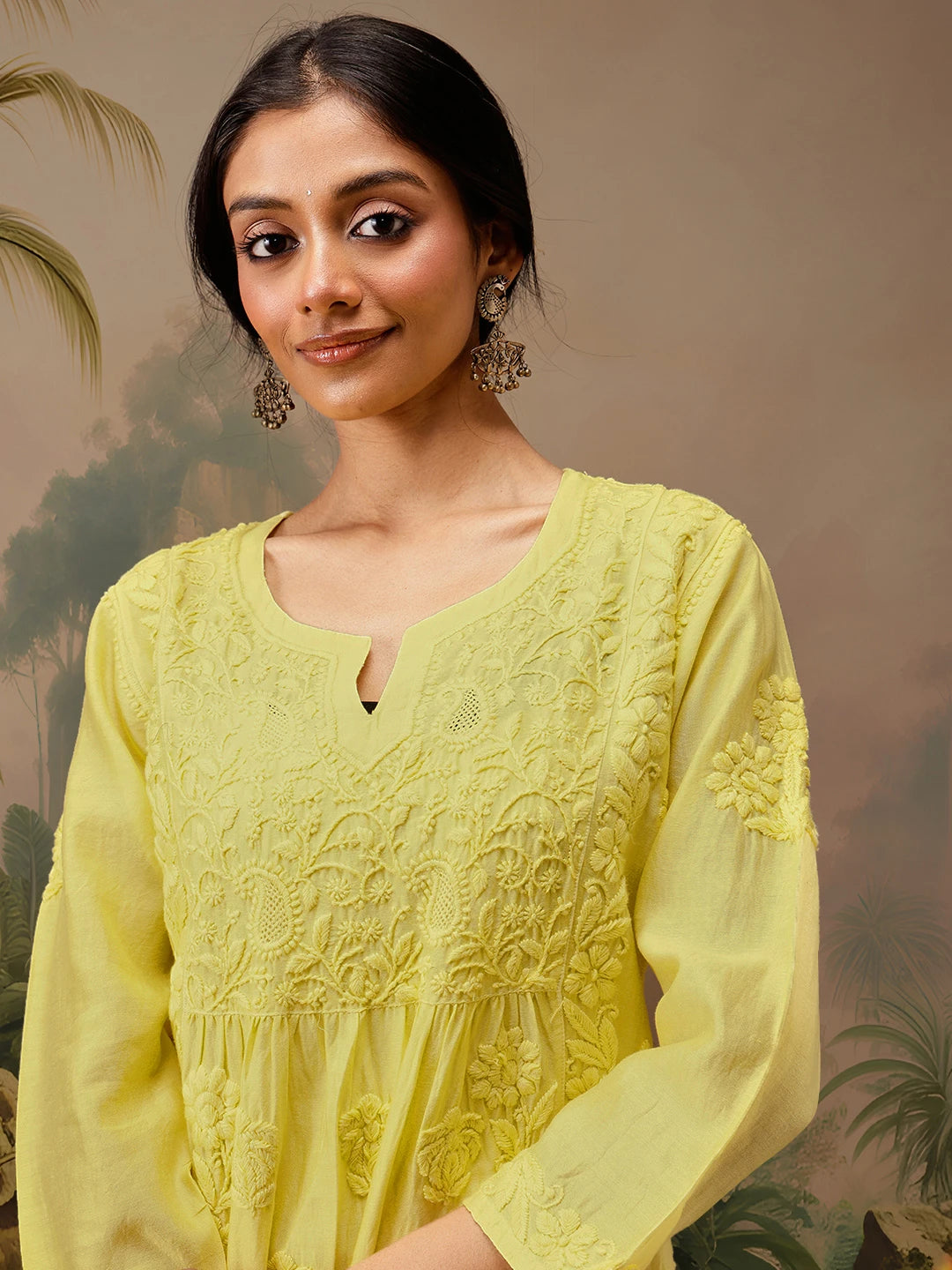 Ada Hand Embroidered Yellow Chanderi Lucknowi Chikankari Short Kurti A911472