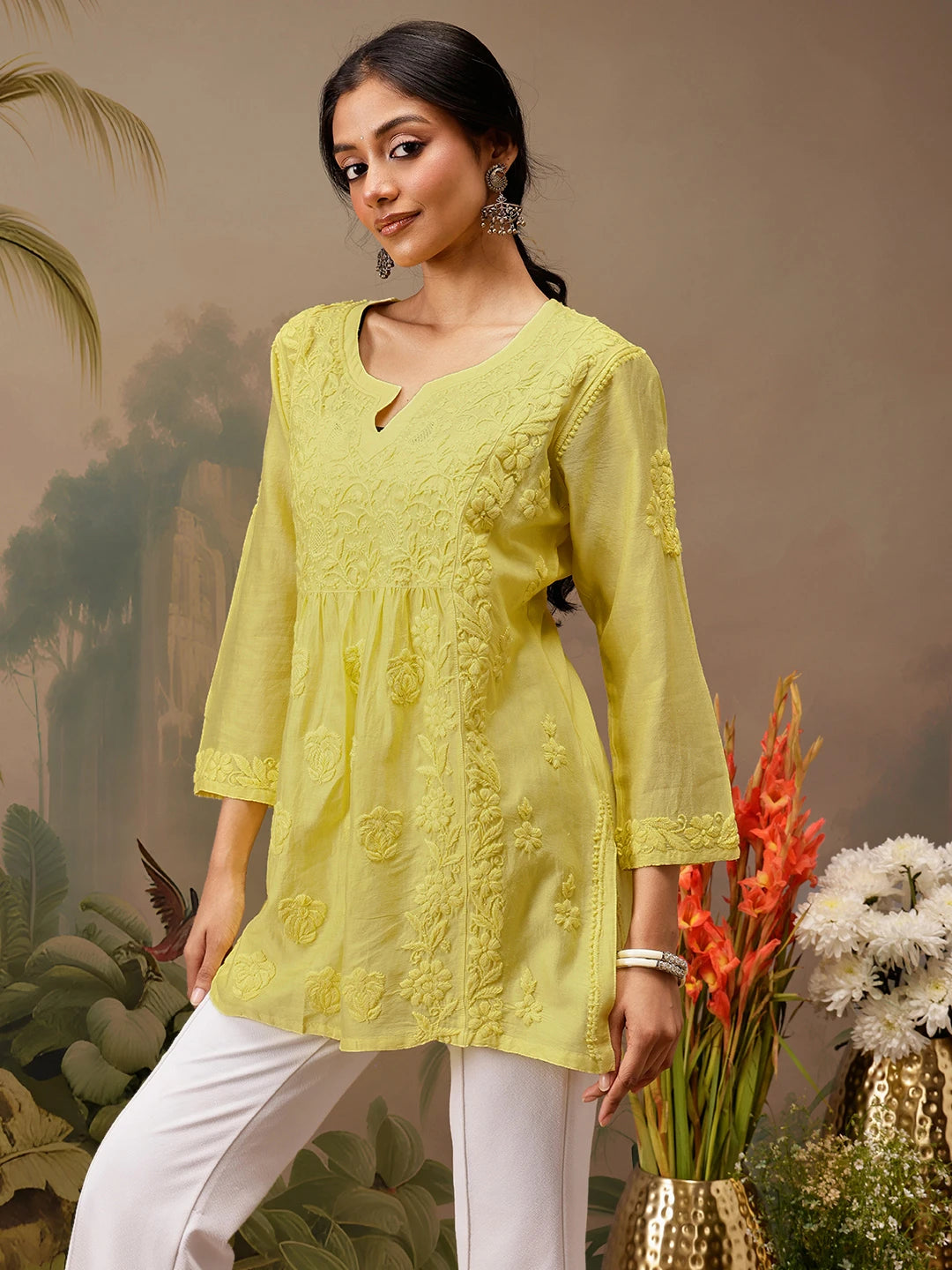 Ada Hand Embroidered Yellow Chanderi Lucknowi Chikankari Short Kurti A911472