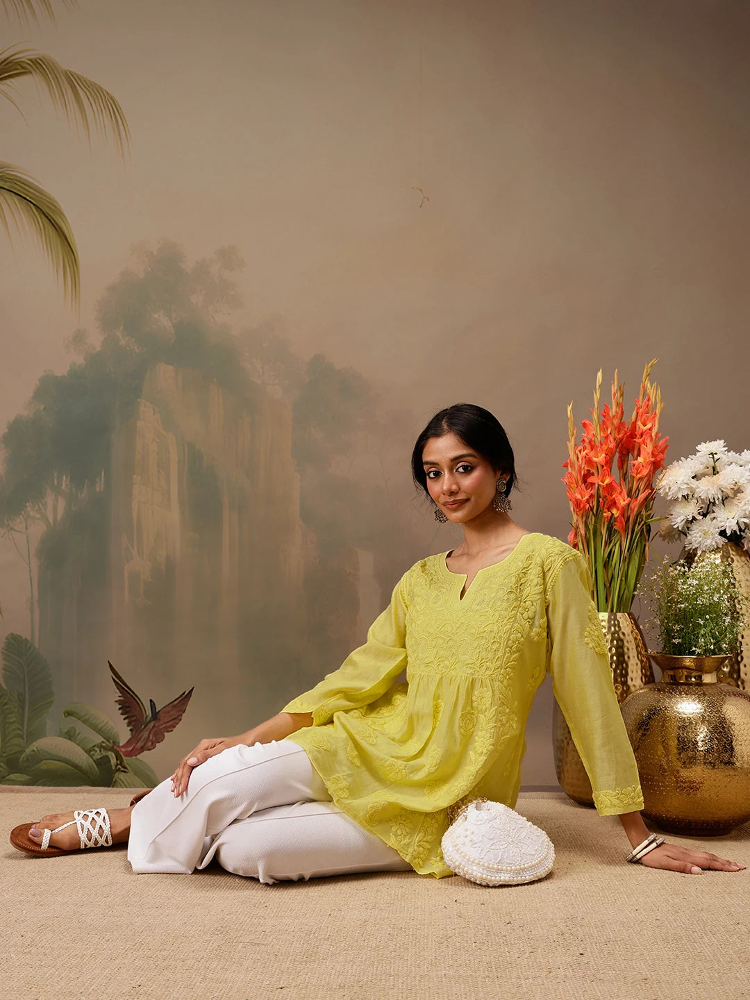 Ada Hand Embroidered Yellow Chanderi Lucknowi Chikankari Short Kurti A911472