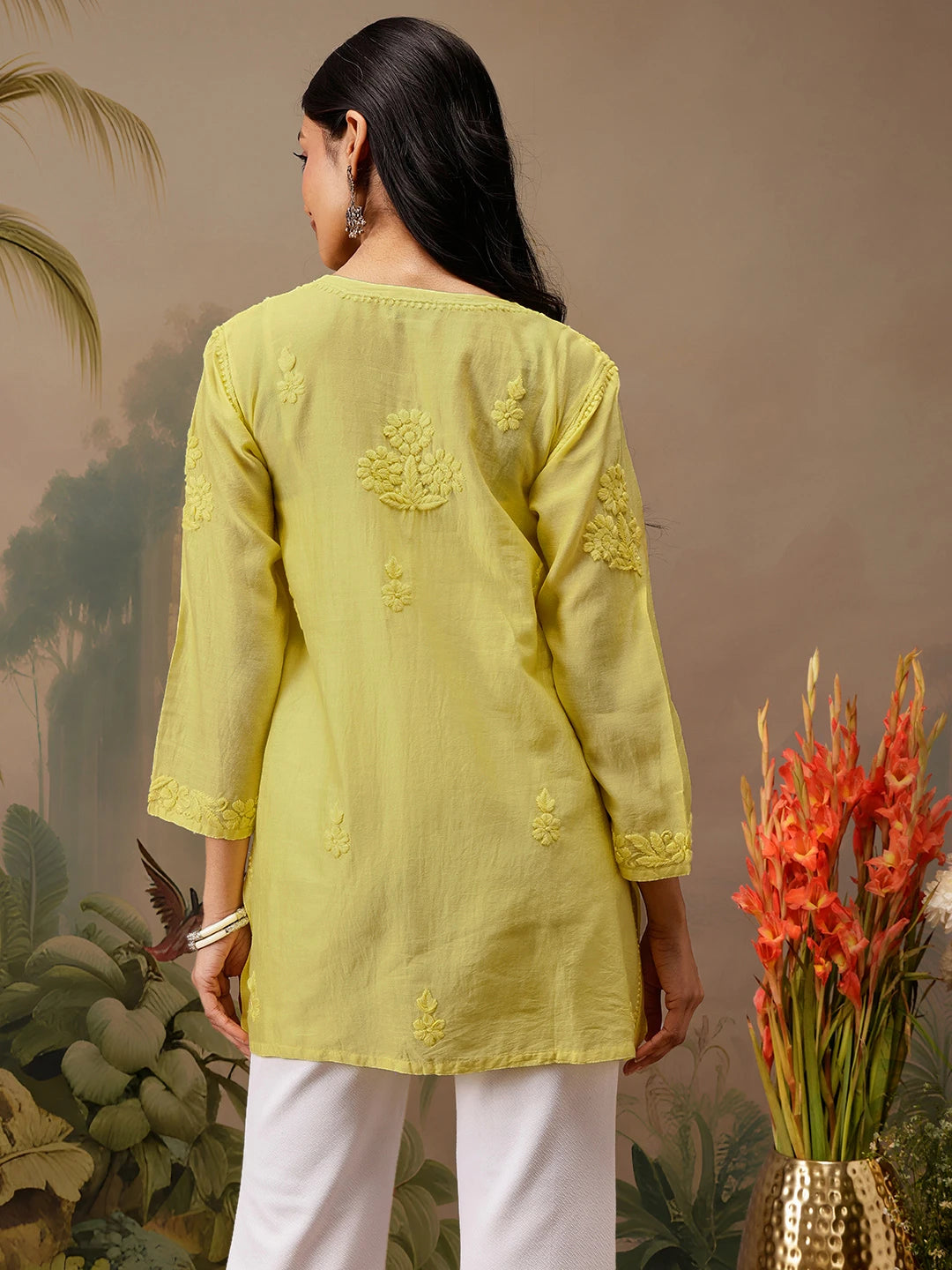 Ada Hand Embroidered Yellow Chanderi Lucknowi Chikankari Short Kurti A911472