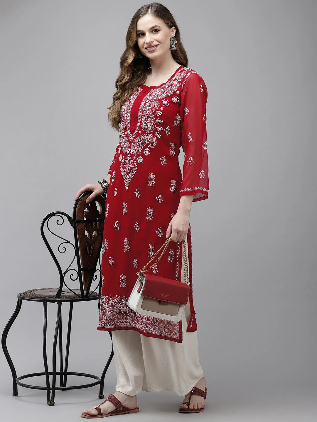 Ada Hand Embroidered Maroon Georgette Lucknow Chikan Kurta With Slip  A411349