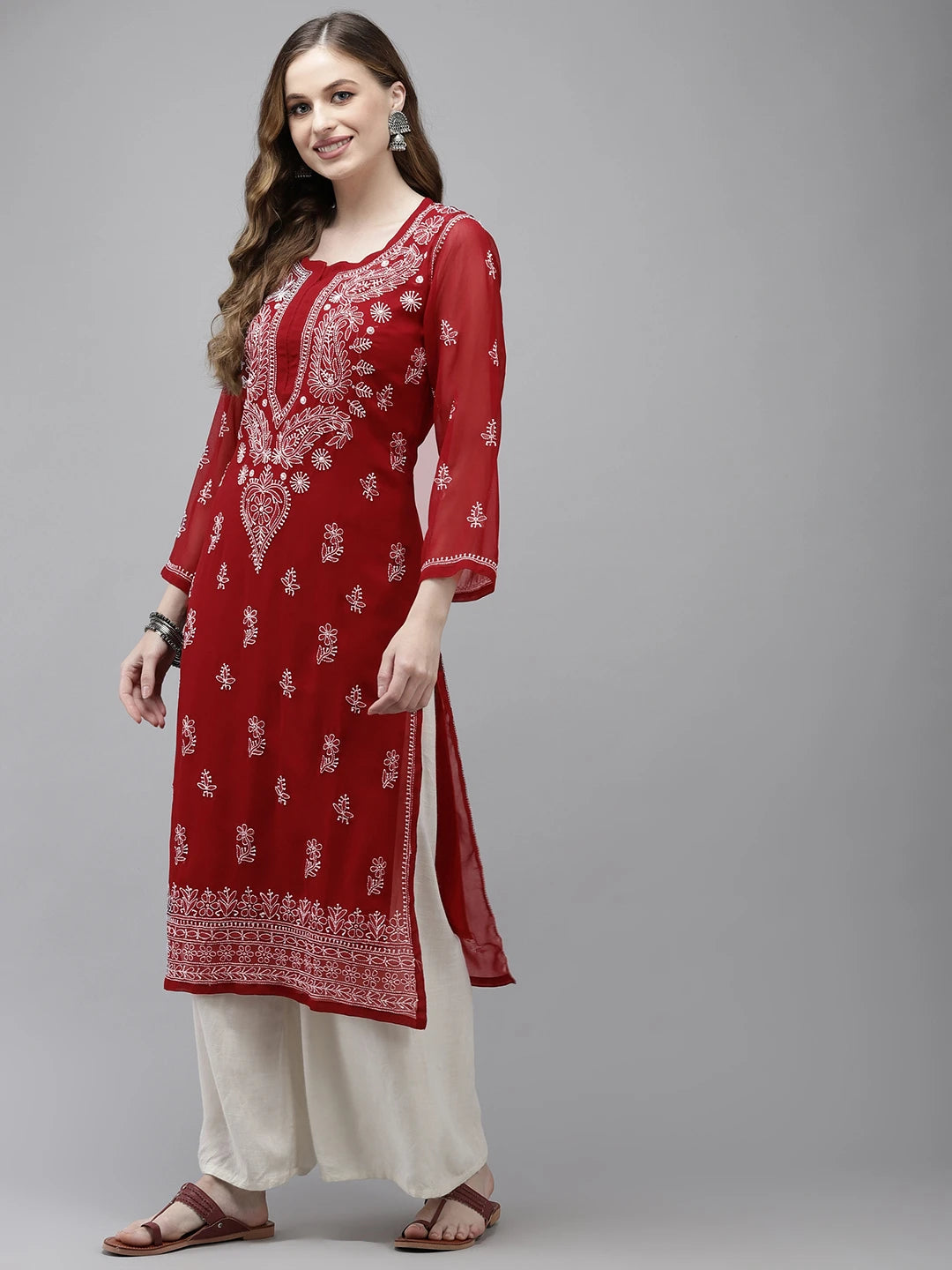 Ada Hand Embroidered Maroon Georgette Lucknow Chikan Kurta With Slip  A411349