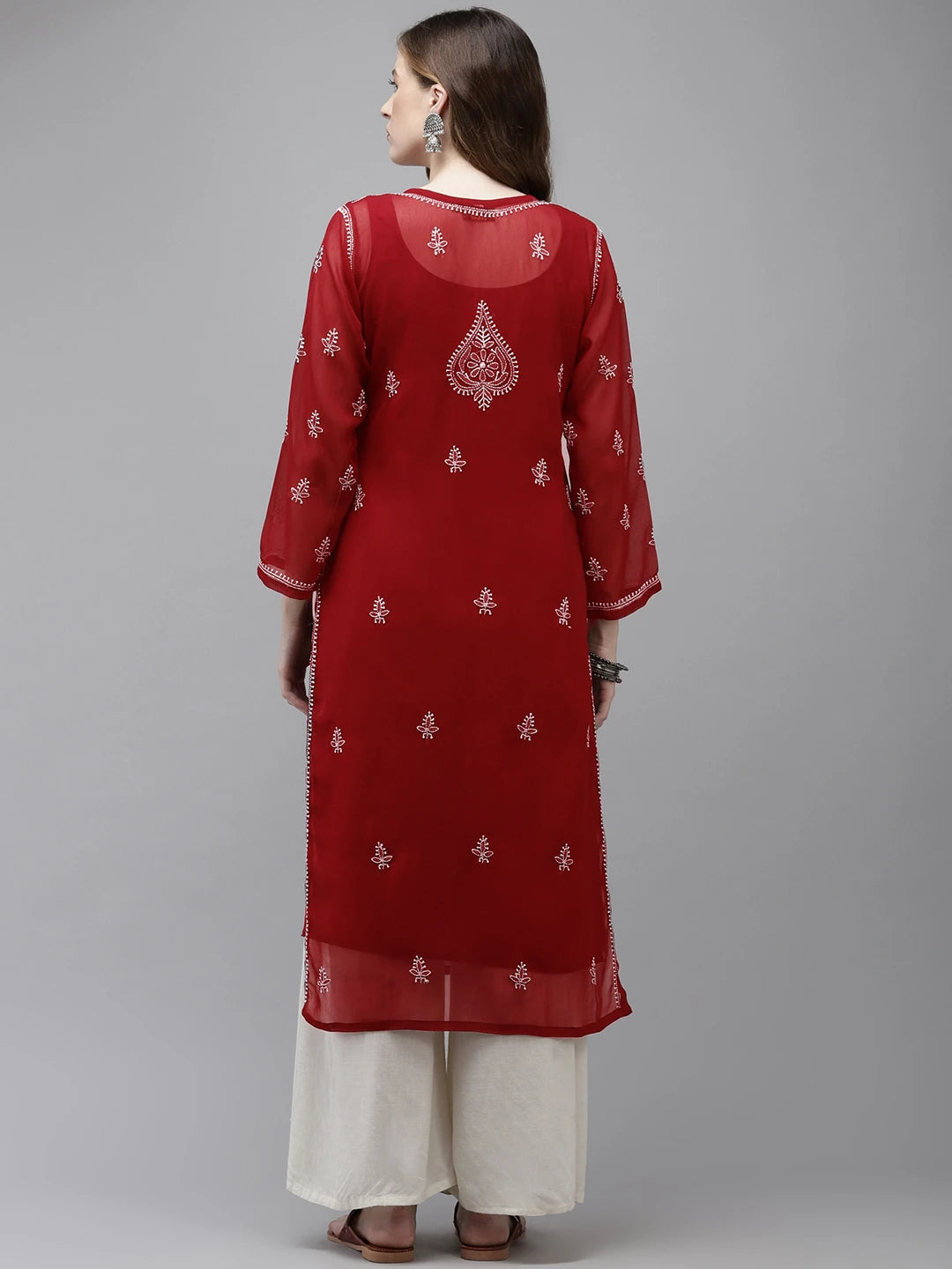 Ada Hand Embroidered Maroon Georgette Lucknow Chikan Kurta With Slip  A411349