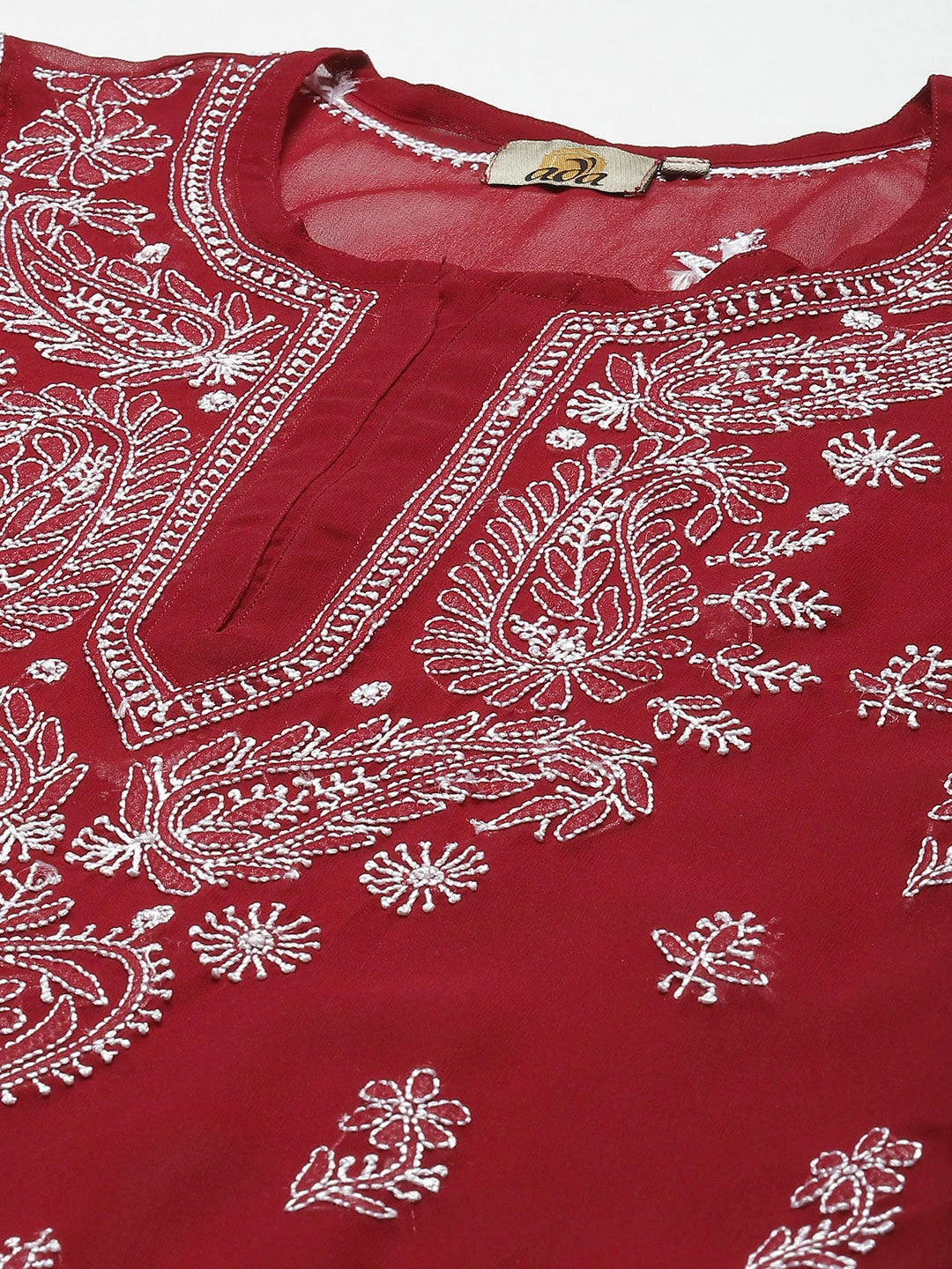 Ada Hand Embroidered Maroon Georgette Lucknow Chikan Kurta With Slip  A411349