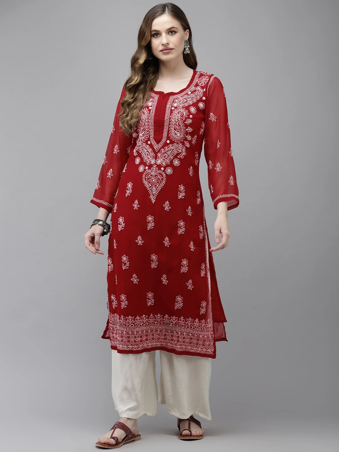 Ada Hand Embroidered Maroon Georgette Lucknow Chikan Kurta With Slip  A411349