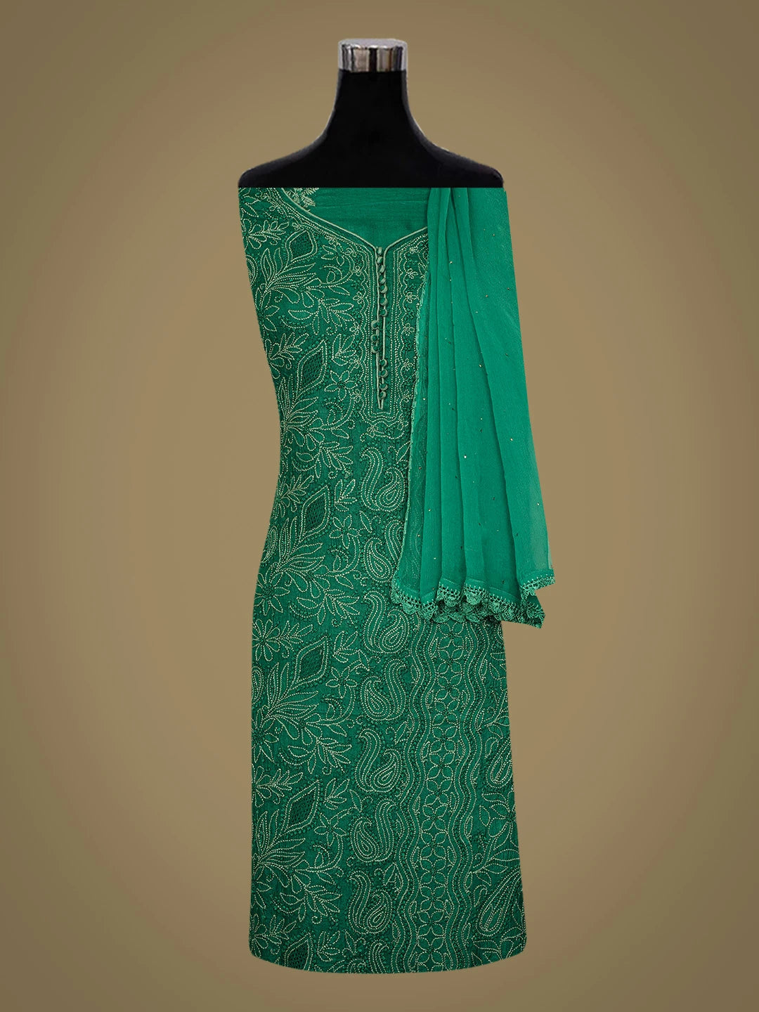 Ada Hand Embroidered Green Silk Lucknowi Chikankari Unstitched Suit Piece 01A691876