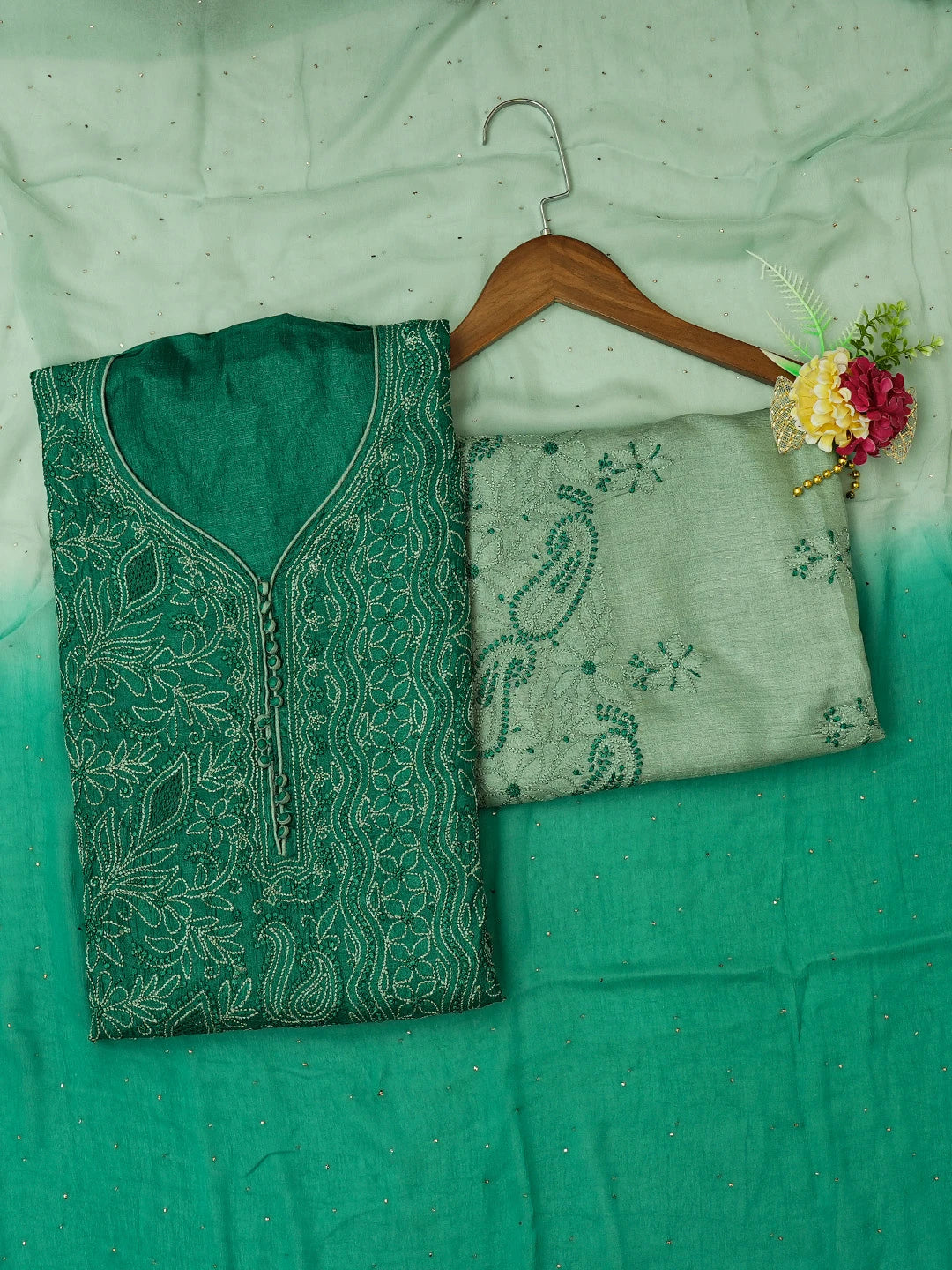 Ada Hand Embroidered Green Silk Lucknowi Chikankari Unstitched Suit Piece 01A691876