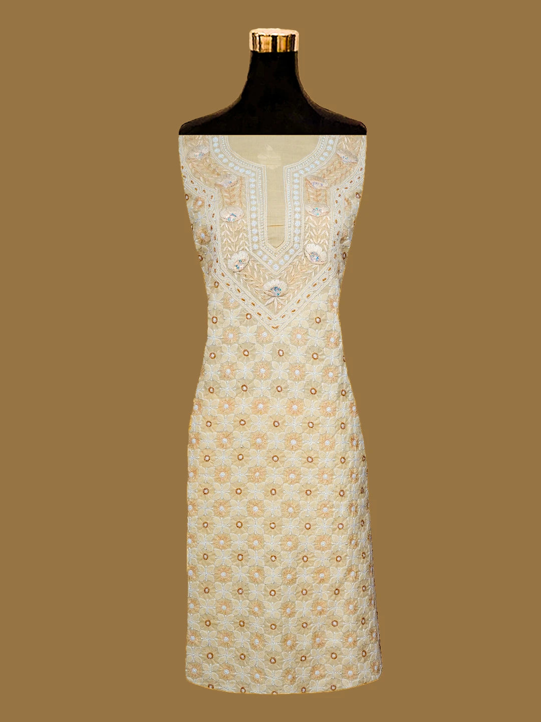 Ada Hand Embroidered Light Fawn Cotton Lucknowi Chikankari Unstitched Suit Piece With Sequins Work 01A651515