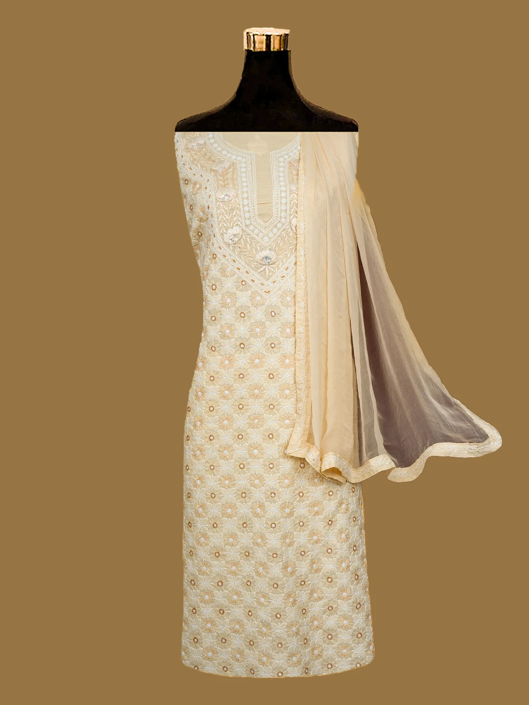 Ada Hand Embroidered Light Fawn Cotton Lucknowi Chikankari Unstitched Suit Piece With Sequins Work 01A651515