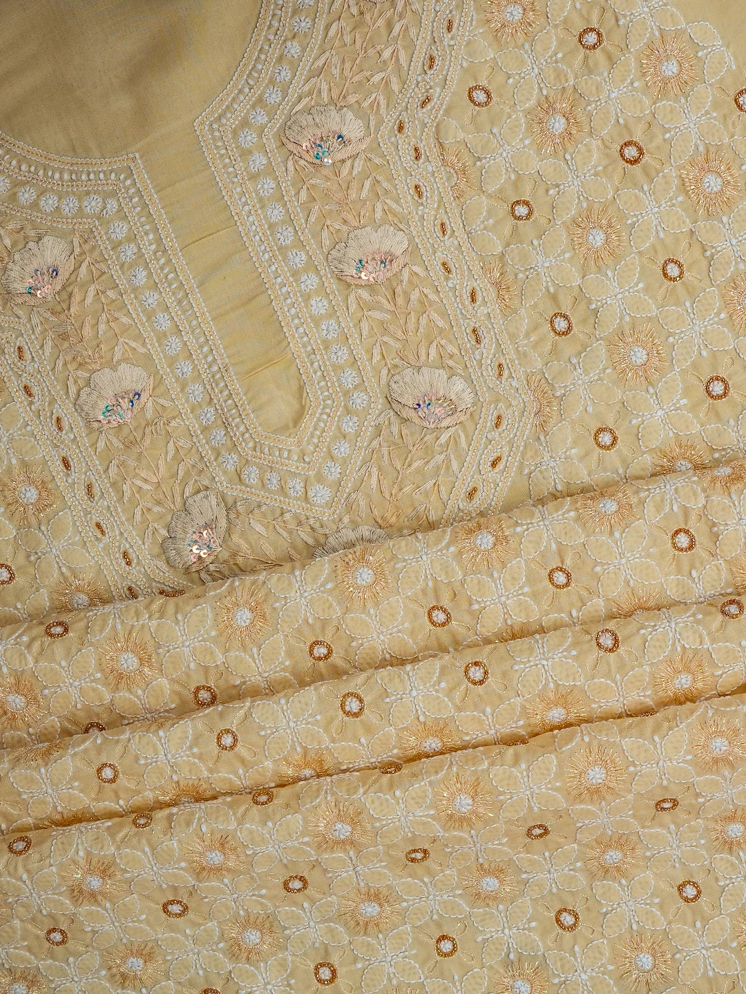 Ada Hand Embroidered Light Fawn Cotton Lucknowi Chikankari Unstitched Suit Piece With Sequins Work 01A651515
