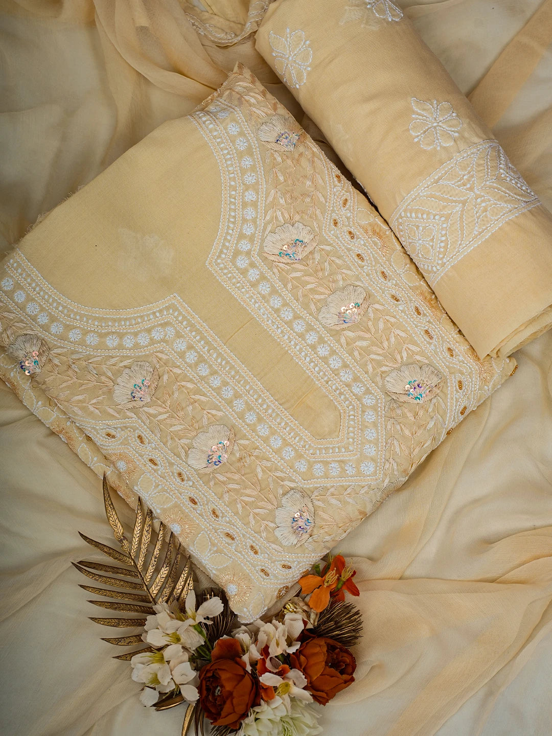 Ada Hand Embroidered Light Fawn Cotton Lucknowi Chikankari Unstitched Suit Piece With Sequins Work 01A651515