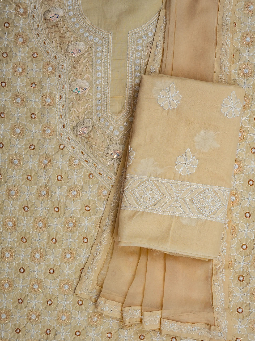 Ada Hand Embroidered Light Fawn Cotton Lucknowi Chikankari Unstitched Suit Piece With Sequins Work 01A651515
