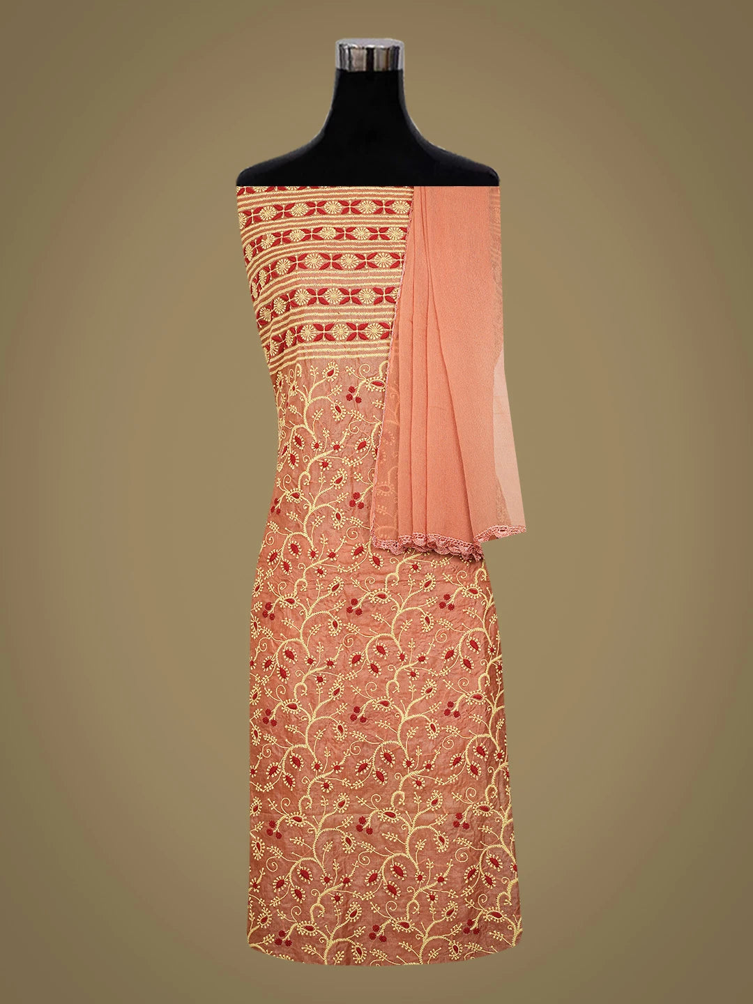 Ada Hand Embroidered Chestnut Brown  Silk Lucknowi Chikankari Unstitched Suit Piece 01A540043
