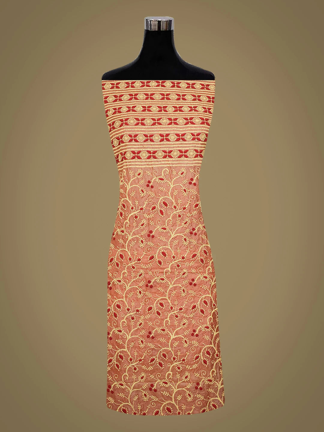 Ada Hand Embroidered Chestnut Brown  Silk Lucknowi Chikankari Unstitched Suit Piece 01A540043
