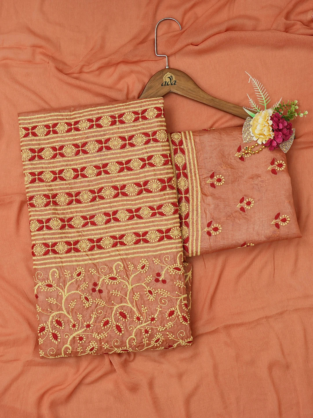 Ada Hand Embroidered Chestnut Brown  Silk Lucknowi Chikankari Unstitched Suit Piece 01A540043