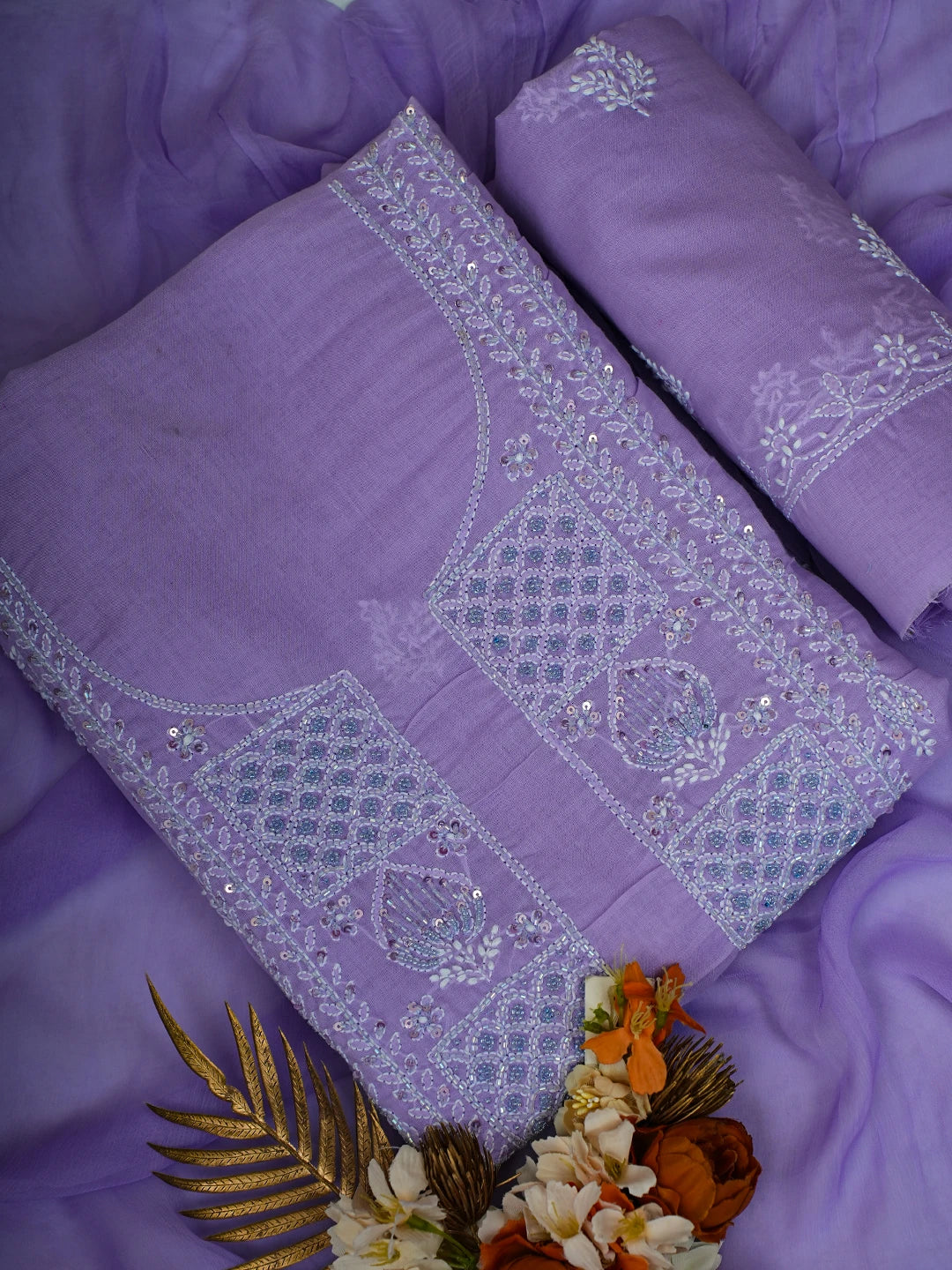 Ada Hand Embroidered Mauve Cotton Lucknowi Chikankari Unstitched Suit Piece With Cutdana Work 01A678390