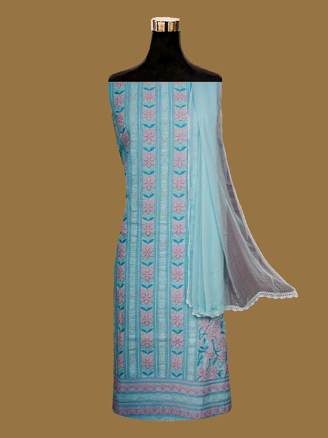 Ada Hand Embroidered Blue Cotton Lucknowi Chikankari Unstitched Suit Piece 01A678242