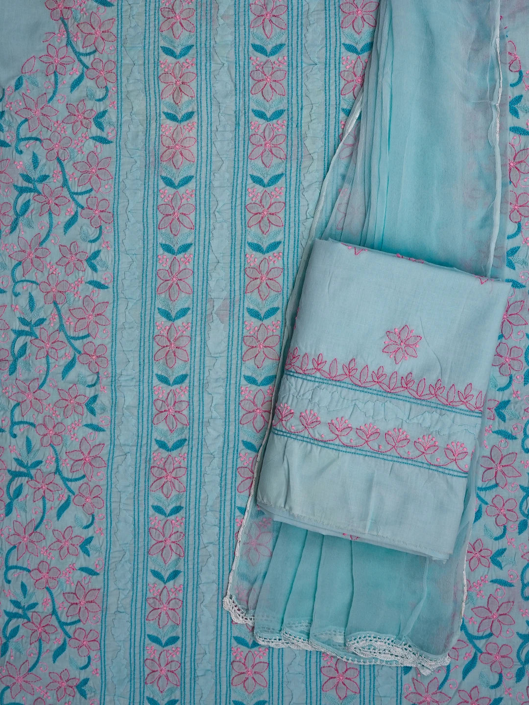 Ada Hand Embroidered Blue Cotton Lucknowi Chikankari Unstitched Suit Piece 01A678242