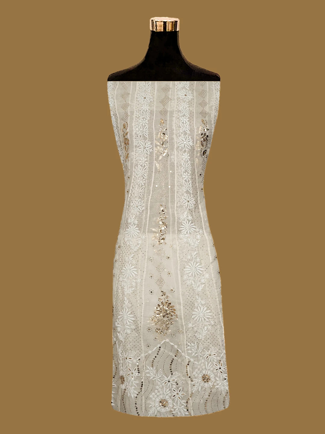 Ada Hand Embroidered Ivory White Organza Lucknowi Chikankari Semi-Stitched Anarkali Kurta Dupatta Set With Mukaish Work 01A414393
