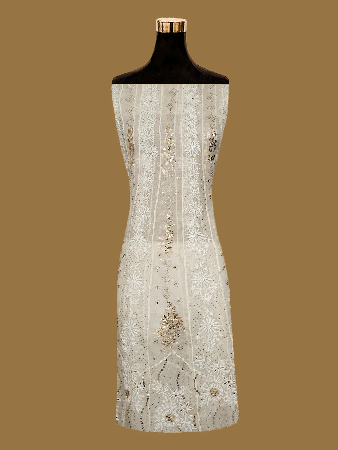 Ada Hand Embroidered Ivory White Organza Lucknowi Chikankari Semi-Stitched Anarkali Kurta Dupatta Set With Mukaish Work 01A414393
