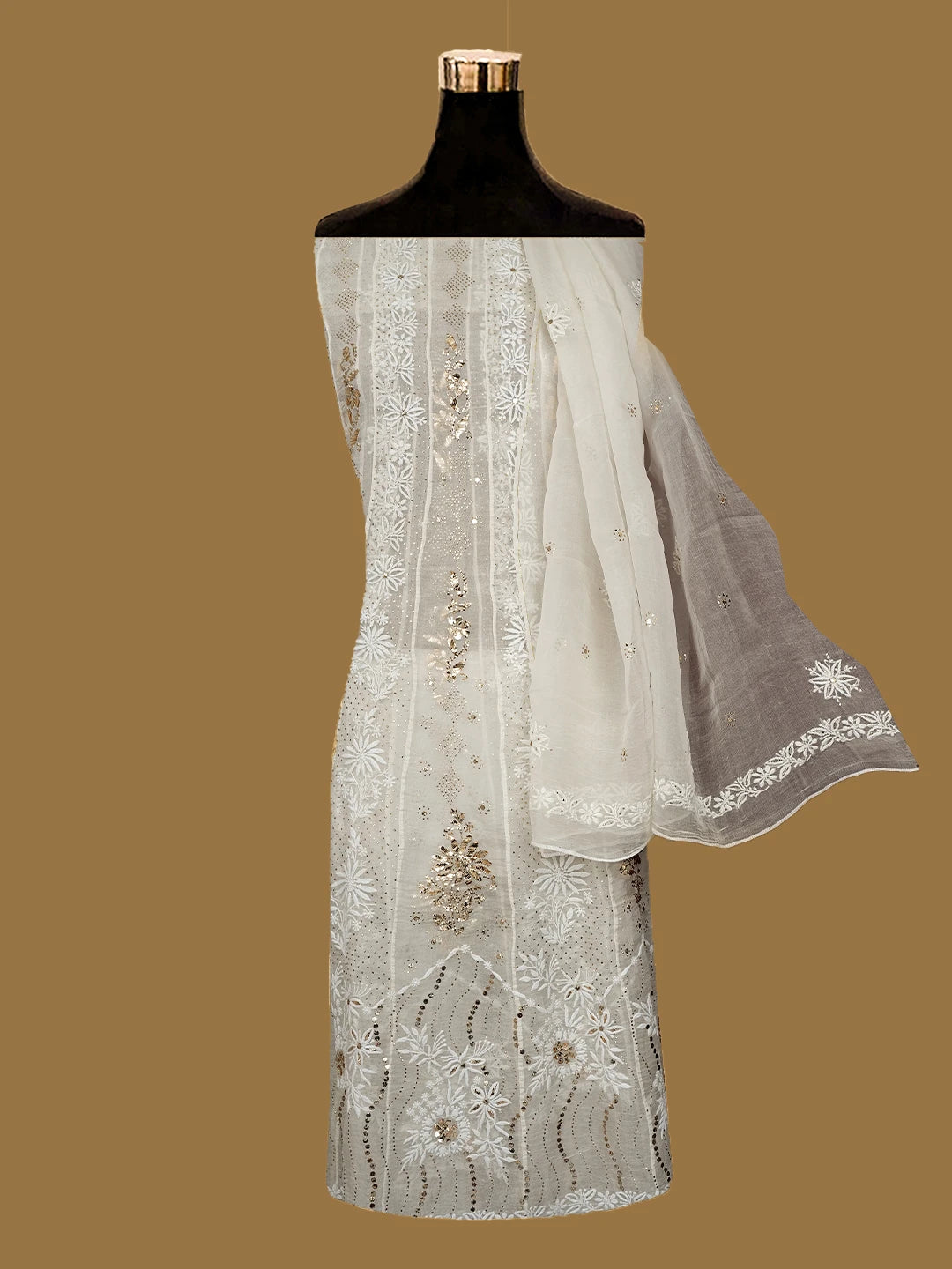 Ada Hand Embroidered Ivory White Organza Lucknowi Chikankari Semi-Stitched Anarkali Kurta Dupatta Set With Mukaish Work 01A414393